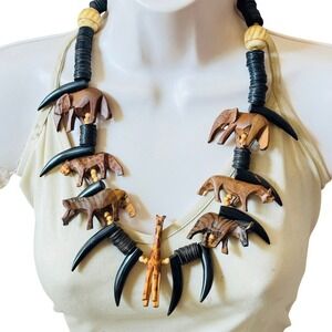 VTG Safari Animal Carved Wood Massive Necklace Giraffe Zebra Leopard Beaded BOHO